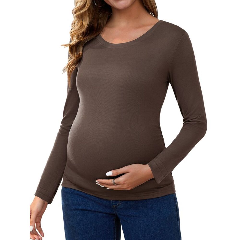 Maternity Ruched Long Sleeve Casual Blouses Basic T-Shirt Coffee